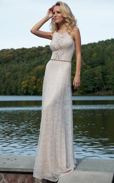 Sheath Sleeveless Scoop Appliqued Floor-Length Lace Prom Dress