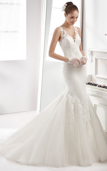 V-neck Sheath Mermaid Lace Wedding Gown with Illusive Lace Straps and Brush Train  