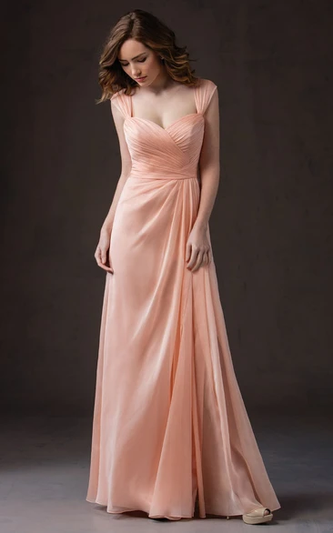 Cap-Sleeved Long Gown With Pleats And V-Back