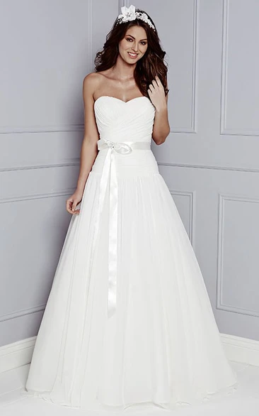 A-Line Sweetheart Sleeveless Criss-Cross Floor-Length Tulle&Satin Wedding Dress With Bow