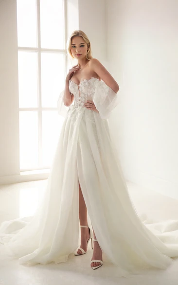 Ethereal Romantic Off-the-shoulder Strapless A-Line Floral Wedding Dress Sexy Elegant Sleeveless Floor-length Split Front Open Back Bridal Gown with Train