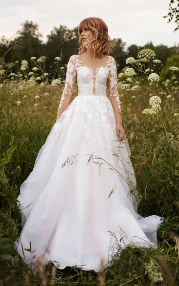 Tulle Illusion Sleeve And Illusion Button Back Adorable Wedding Dress With Lace Details