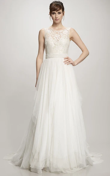 A-Line Sleeveless Appliqued Maxi Scoop Tulle&Lace Wedding Dress With Deep-V Back And Draping