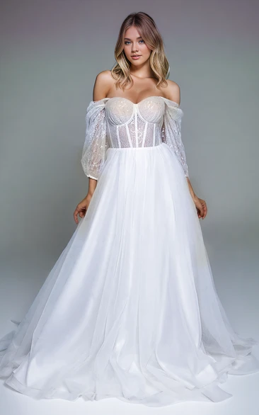 Chic Sexy Off-the-shoulder Strapless A-Line Lace Tulle Wedding Dress Elegant Solid Long Sleeve Floor-length Bridal Gown with Train Lace-up Back