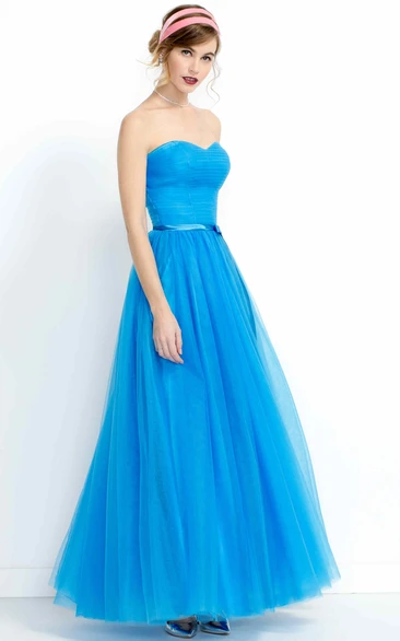 A-Line Floor-Length Pleated Strapless Tulle Bridesmaid Dress With Sash