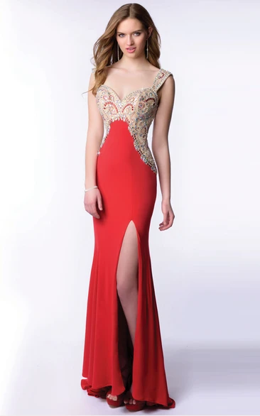 Jersey Sheath Homecoming Dress With Side Slit And Beaded Bust