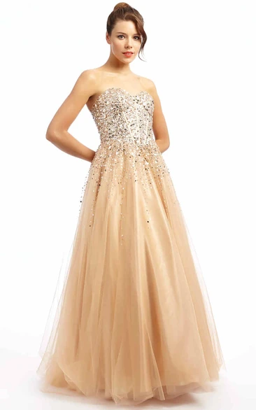 A-Line Sequined Sweetheart Long Sleeveless Tulle Prom Dress With Beading