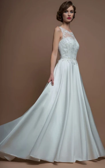 A-Line Sleeveless Floor-Length Appliqued Scoop Satin Wedding Dress With Brush Train And Illusion Back