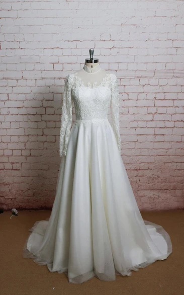 High Collor A-Line Tulle Wedding Dress With Long Sleeves