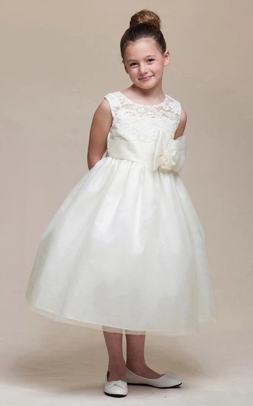 Tea-Length Bowed Empire Floral Tulle&Lace Flower Girl Dress With Ribbon