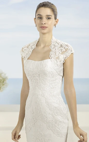 Sheath Cap-Sleeve Cascading-Ruffle Floor-Length Lace&Organza Wedding Dress With Appliques And Backless Style