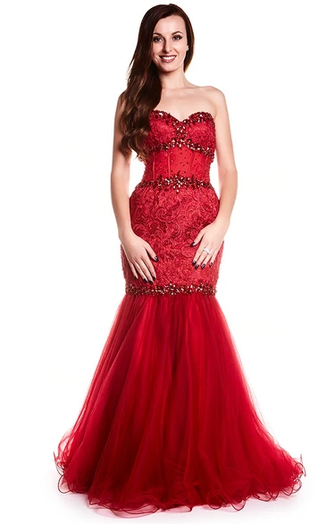 Mermaid Crystal Sweetheart Sleeveless Floor-Length Tulle&Lace Prom Dress With Backless Style And Appliques