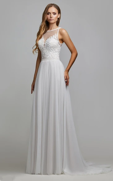 Casual A Line Tulle Wedding Dress with Appliques and Ruching