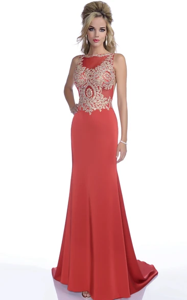Open Back Sleeveless Form-Fitted Chiffon Prom Dress With Jeweled Bodice
