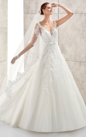 V-Neck A-Line Long Wedding Dress With Lace Appliques And Open Back