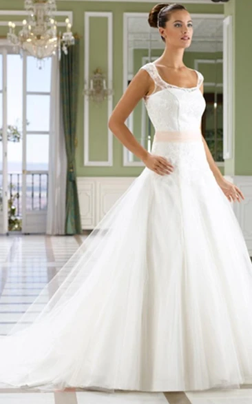 A-Line Sleeveless Floor-Length Square Tulle&Lace Wedding Dress With Court Train And Illusion Back
