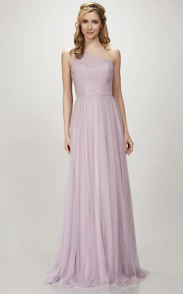 One-Shoulder Sleeveless Ruched Tulle Bridesmaid Dress With Brush Train