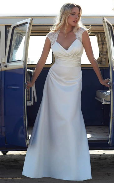 Cap-Sleeve V-Neck Satin Chiffon Wedding Dress With Ruching And Sweep Train