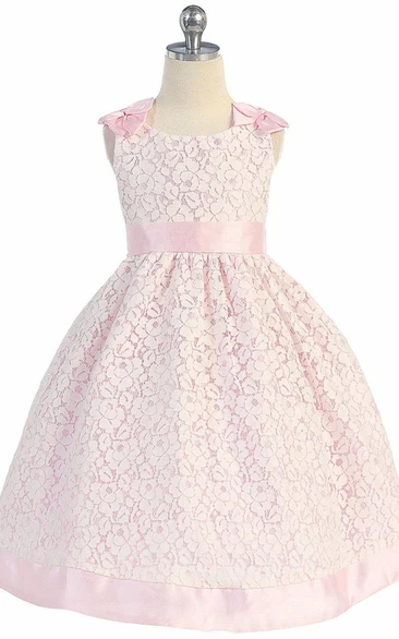 Tea-Length Bowed Floral Lace Flower Girl Dress With Sash