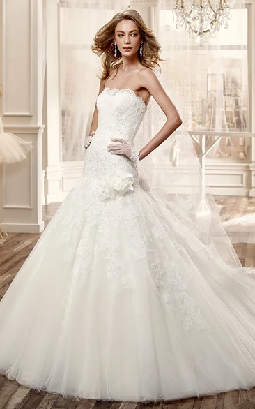 Strapless Long Wedding Dress With Pleated Skirt And Back Bow