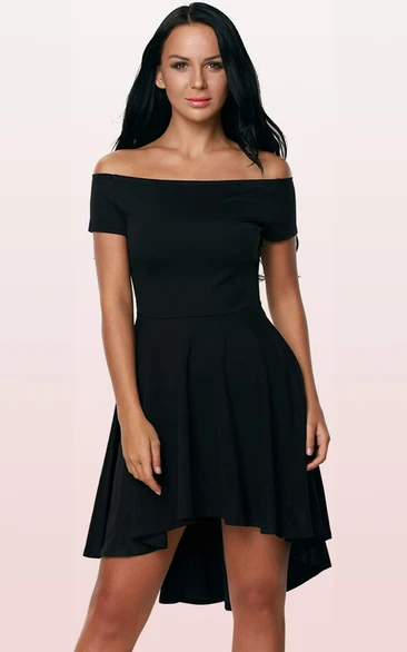 A Line Off-the-shoulder Short Sleeve Jersey Casual Dress with Pleats