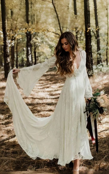 Vintage Country Long Sleeve Lace Wedding Dress