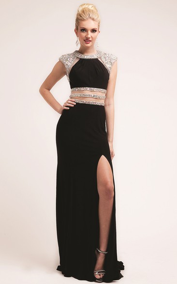 Sheath Long Jewel-Neck Cap-Sleeve Jersey Dress With Beading And Split Front