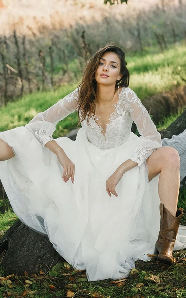 Boho Ethereal Long Sleeve A-Line Plunging-V Neck Flowers Lace Tulle Wedding Dress Romantic Garden Floor-length Bridal Gown with Button V Back