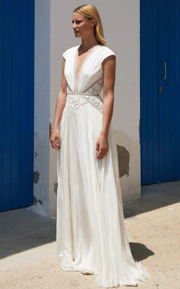 Grecian V-neck A-Line Chiffon Wedding Dress With Low-V Back And Lace Appliques