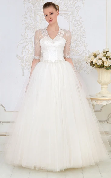 Ball Gown Long V-Neck Illusion-Sleeve Tulle Wedding Dress With Beading And Corset Back
