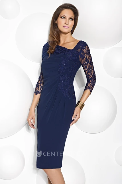 Knee-Length Lace Scoop Neck 3-4 Sleeve Jersey Mother Of The Bride Dress ...