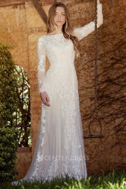 Sheath Long-Sleeve High Neck Tulle&Lace Wedding Dress With Sweep Train ...