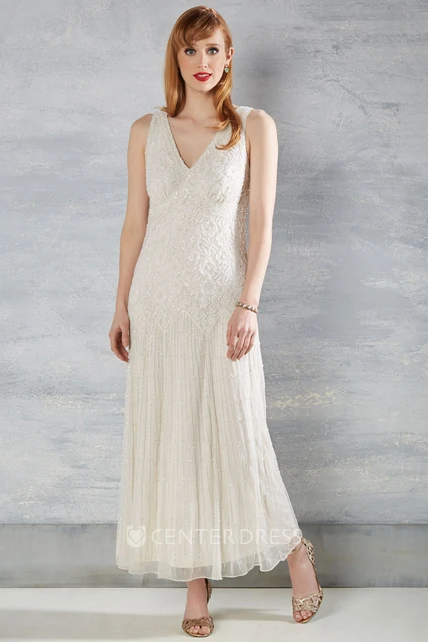 Sheath Sleeveless V-Neck Ankle-Length Lace Wedding Dress With Appliques ...