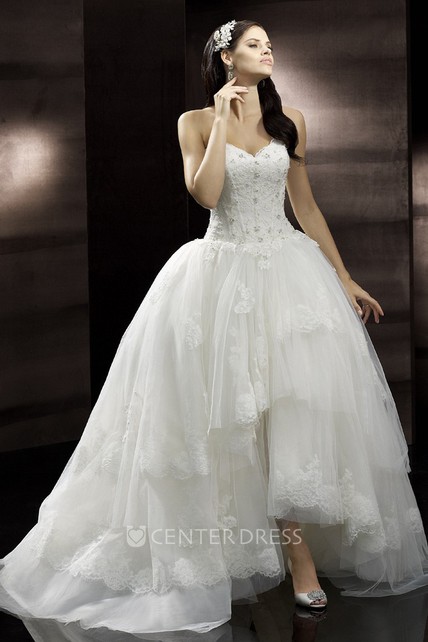 High-Low Sweetheart Tiered Beaded Tulle Wedding Dress With Court Train ...