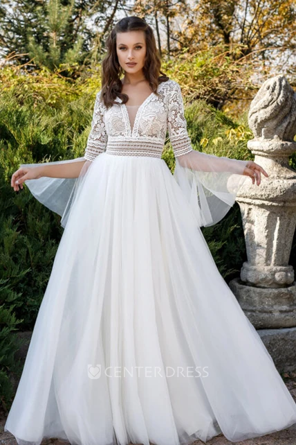 Charming Plunging Neck A Line Tulle Sweep Train Wedding Dress with ...