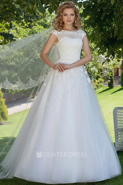Ball Gown Scoop Neck Cap Sleeve Appliqued Tulle Wedding Dress - UCenter ...