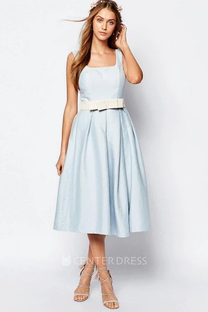 A-Line Sleeveless Square-Neck Tea-Length Satin Bridesmaid Dress With ...