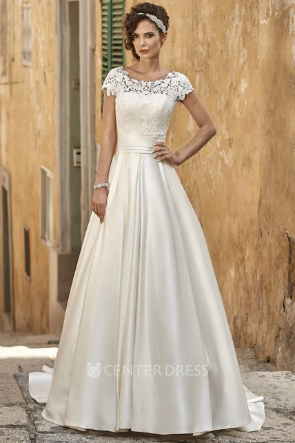 Wospe - Short-Sleeve Square-Neck A-Line Mesh Wedding Dress