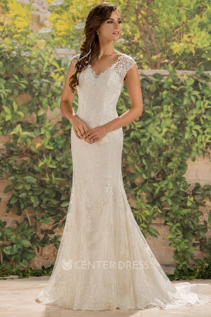 V-Neck Cap-Sleeved Lace-Appliqued Wedding Dress With Illusion Back ...