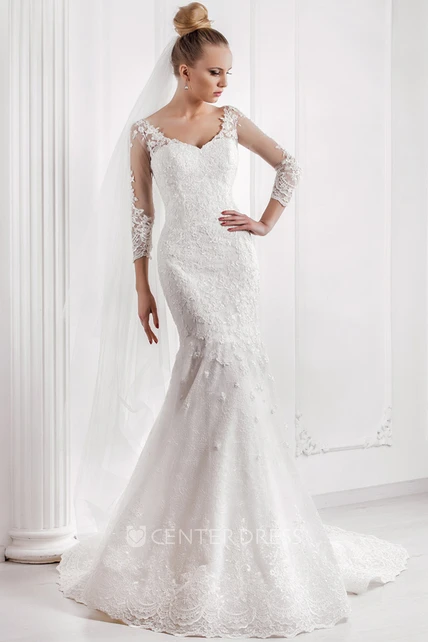 Mermaid Appliqued V-Neck 3-4 Sleeve Lace Wedding Dress With Court Train ...