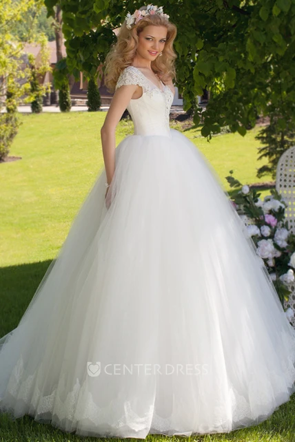 Ball Gown V-Neck Ruched Cap Sleeve Tulle Wedding Dress - UCenter Dress