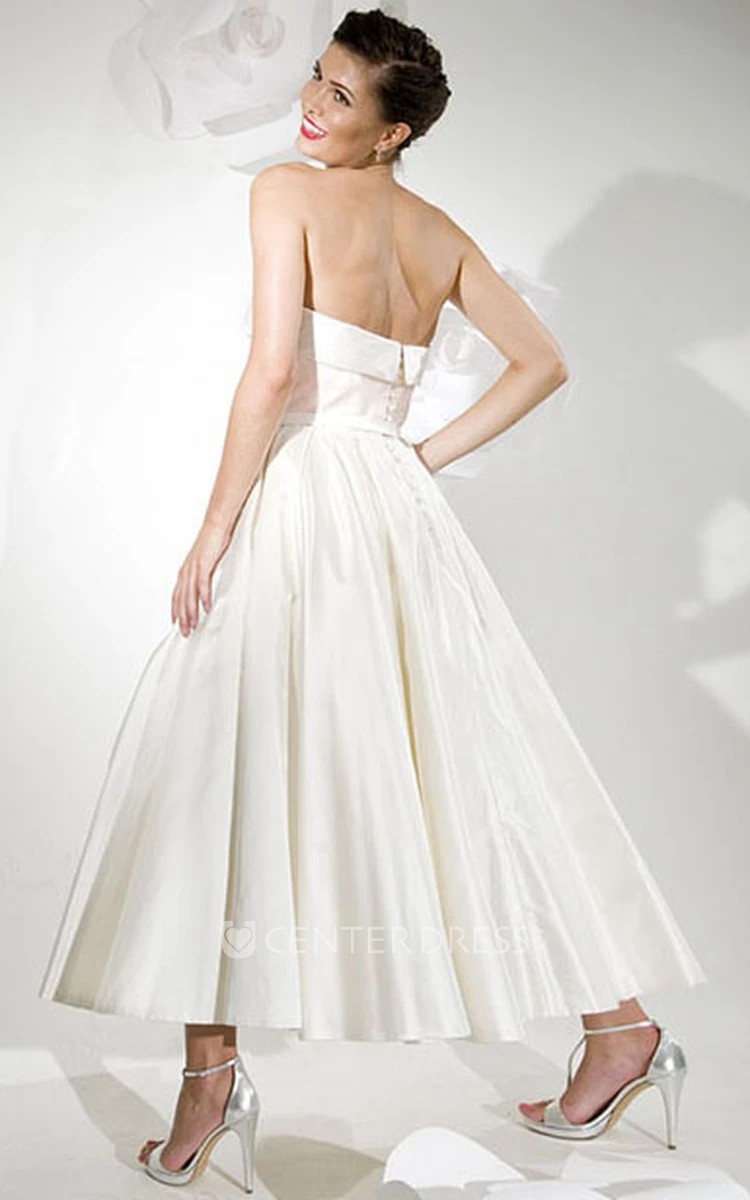 A-Line Tea-Length Strapless Satin Wedding Dress With V Back