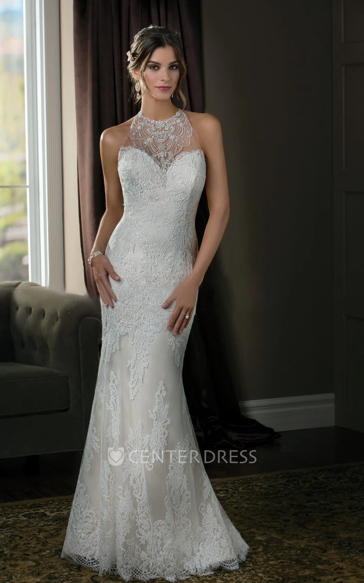 High-Neck Sleeveless Mermaid Wedding Dress With Illusion Neck And Appliques