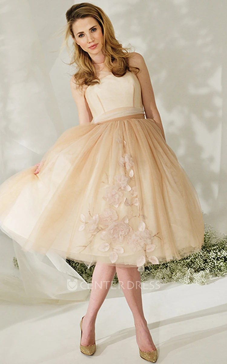High Neck Tea-Length Floral Tulle Wedding Dress With Bow And Illusion
