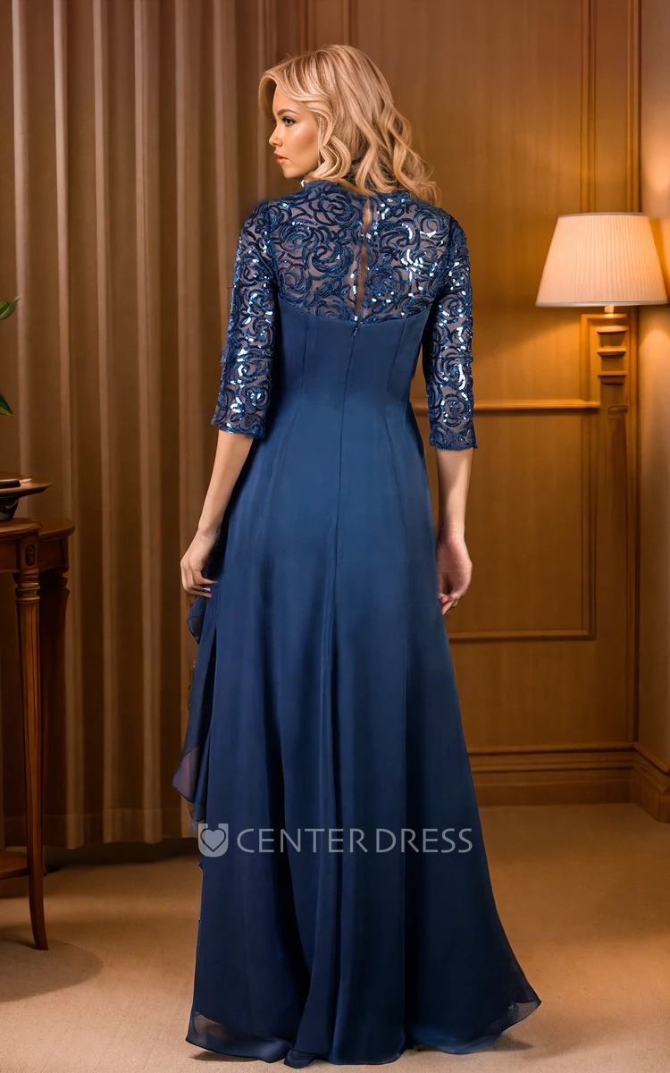 3-4 Sleeved Long MOB Mother Of The Bride Dress With Ruffles And Sequins