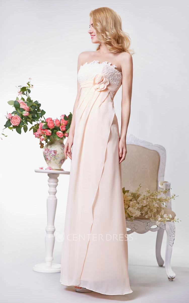 Strapless A-line Long Chiffon and Lace Dress With Bow