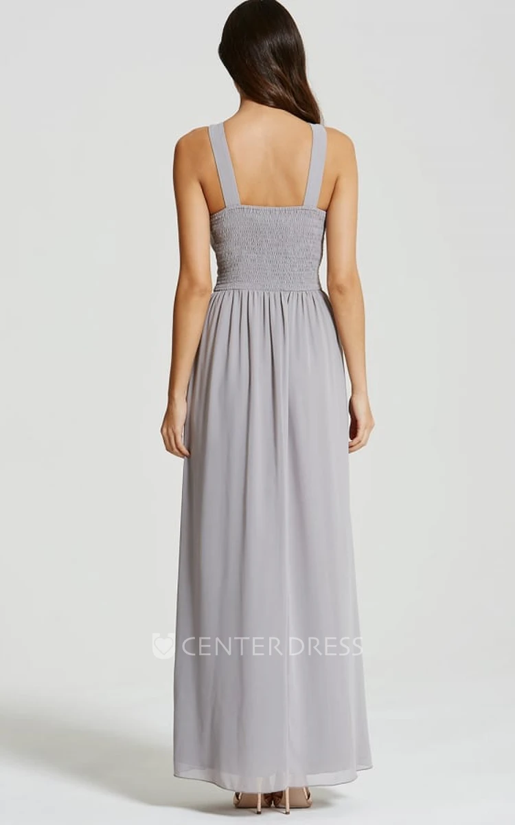Ankle-Length Sleeveless Ruched Scoop Neck Chiffon Bridesmaid Dress With Straps