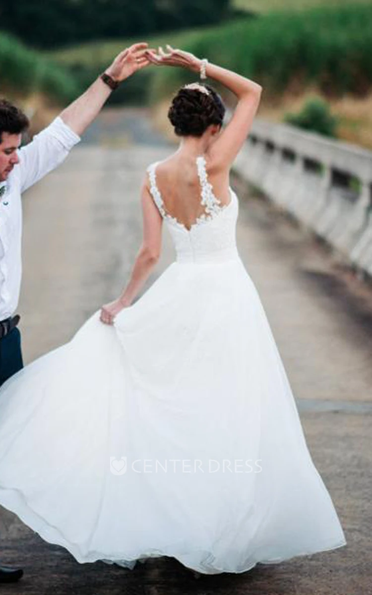 Modern Chiffon Lace Straps Floor-length Brush Train Sleeveless A Line Wedding Dress