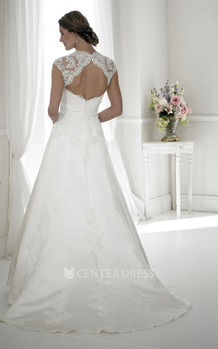 A-Line Sweetheart Floor-Length Cap-Sleeve Appliqued Satin Wedding Dress With Keyhole Back And Sweep Train