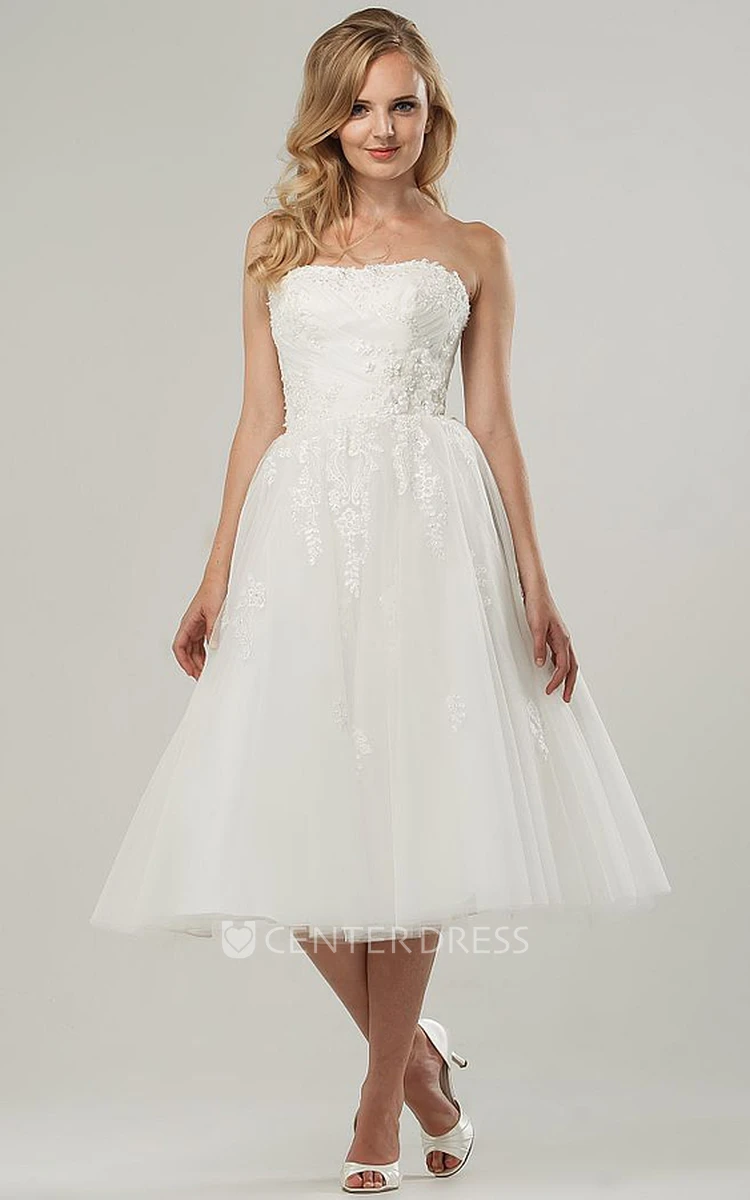 A-Line Tea-Length Criss-Cross Strapless Tulle Wedding Dress With Appliques And Corset Back